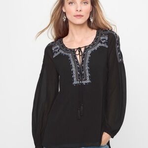 White House Black Market Black Tansy Peasant Blouse w/Embroidery Sz 8